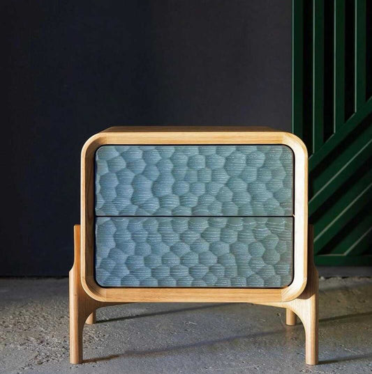 Contemporary Wabi-Sabi Nightstand – Hammered Texture Blue Drawers with Solid Wood Frame, Mid-Century Modern Bedside Storage