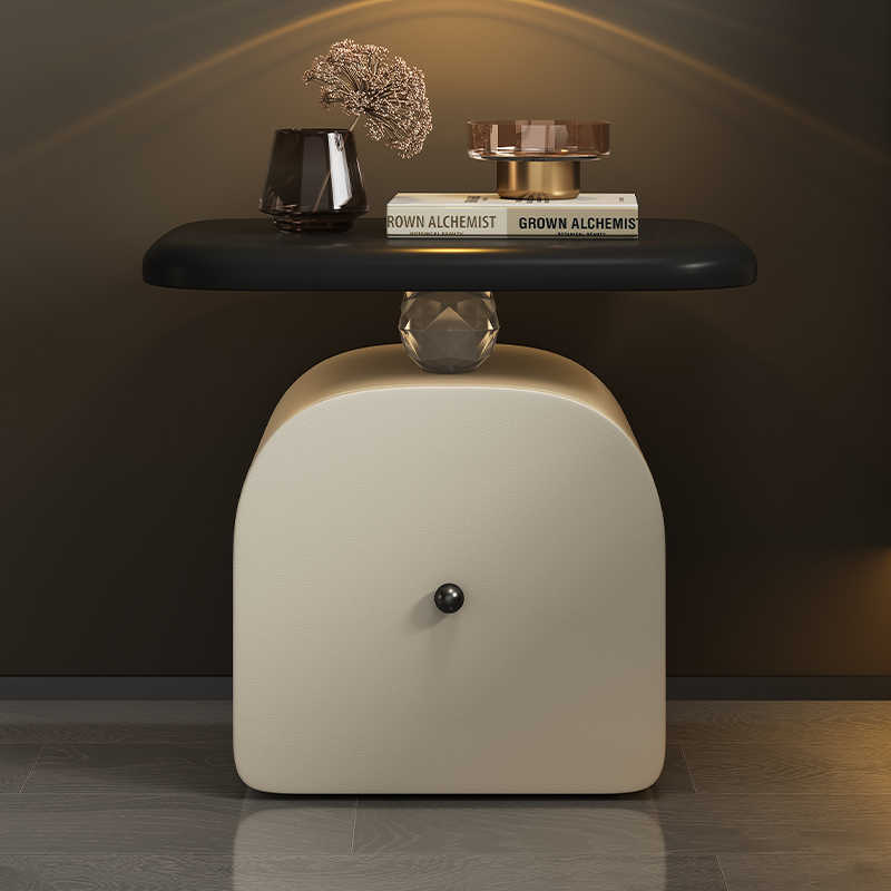 Modern Curved Nightstand with Hidden Drawer Storage, Italian Luxury Style Bedside Table with Cat Paw Leather Top, Mobile Side Table in Cream White