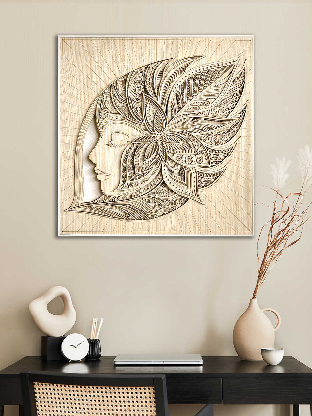 Intricate Layered Wood Art Wall Decor – Modern Female Face Sculpture, 3D Creative Hanging for Living Room, Dining Room, Entryway – Natural Wood with Aluminum Alloy Frame