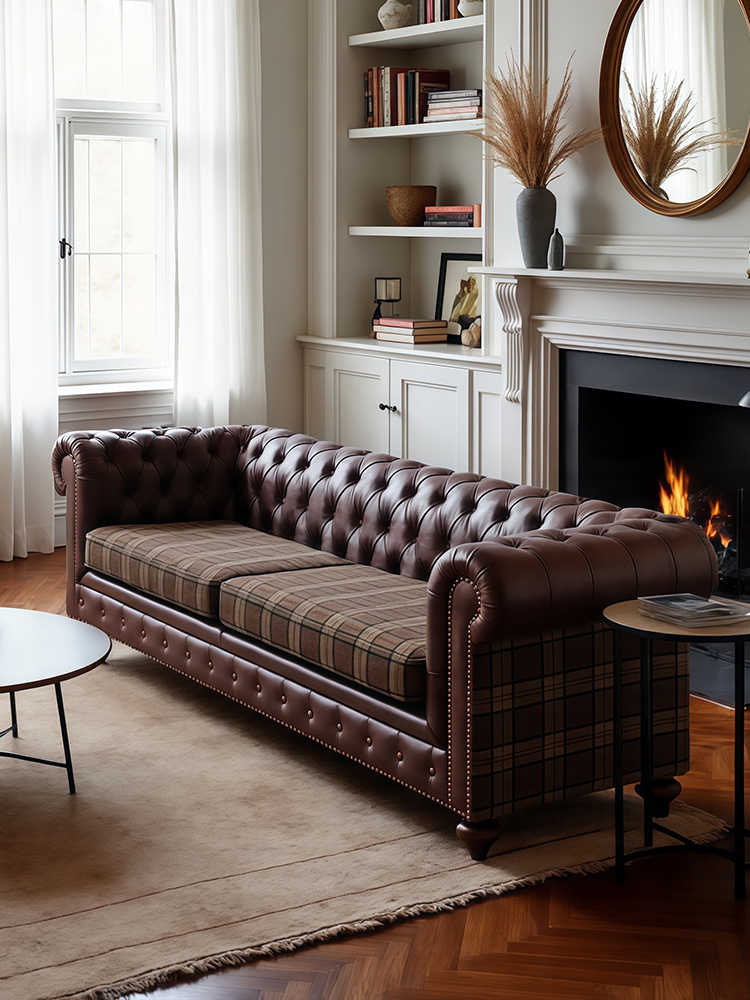 Vintage Chesterfield Leather Sofa – Retro Luxury 3-Seater Couch for Living Room, Club, or Villa, Plaid Cushion