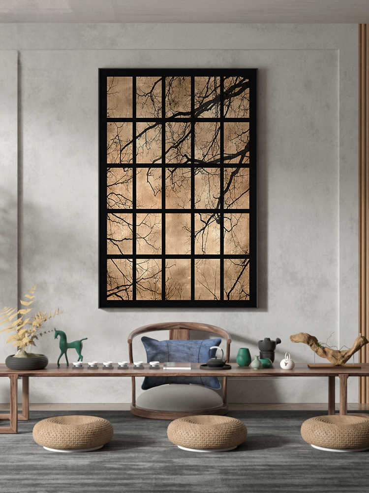 Modern Tree Branch Wall Art, Minimalist Ink Style Canvas for Living Room or Entryway, Vertical Decorative Painting, Black Titanium Frame