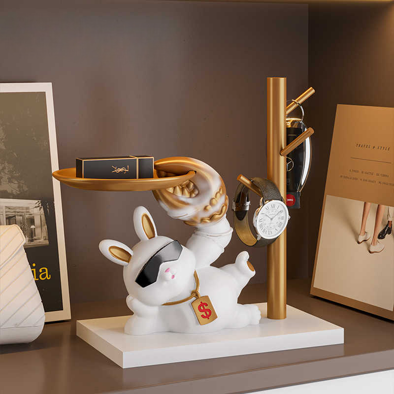 Lucky Rabbit Key Organizer and Entryway Tray, Modern Decorative Bunny Accessory Holder for Foyer, Front Door, Gifts