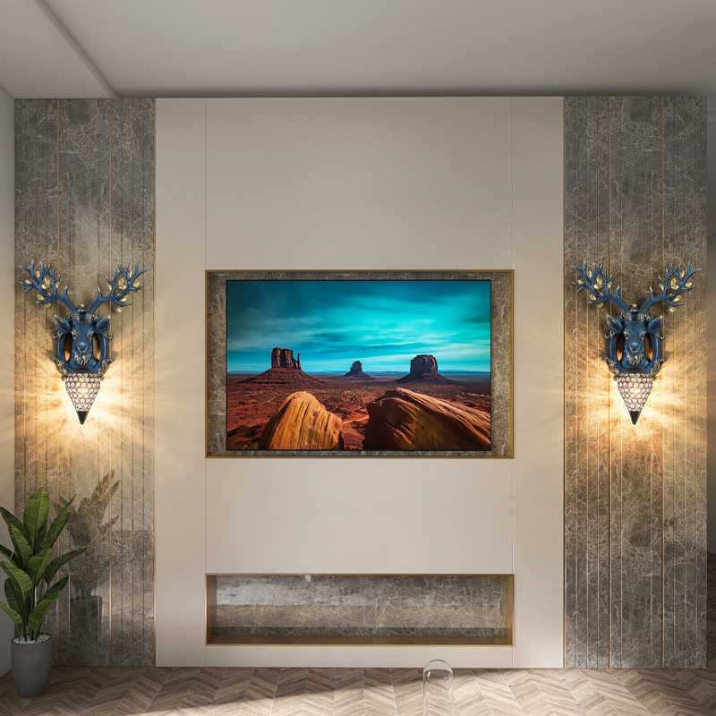 Creative Blue Deer Head Wall Lamp, Artistic Animal Sconce for Living Room, Corridor, Clubhouse