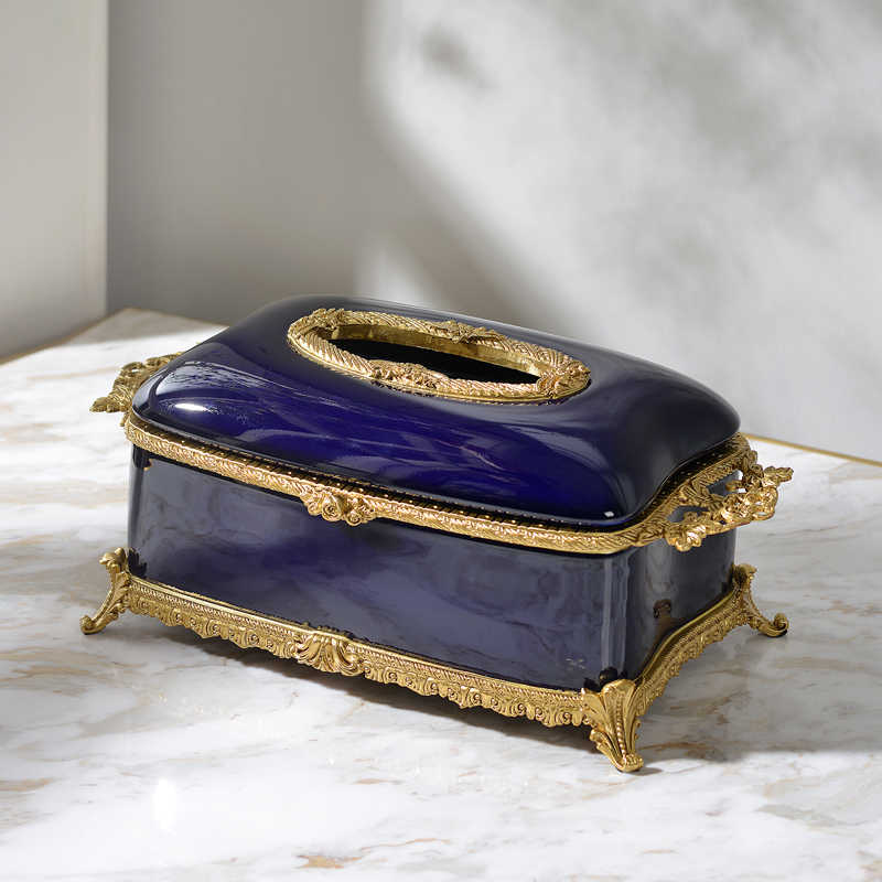 Royal Blue Porcelain and Brass Tissue Box Holder – Elegant Decorative Napkin Dispenser for Dining Table, Living Room, Office, and Coffee Table