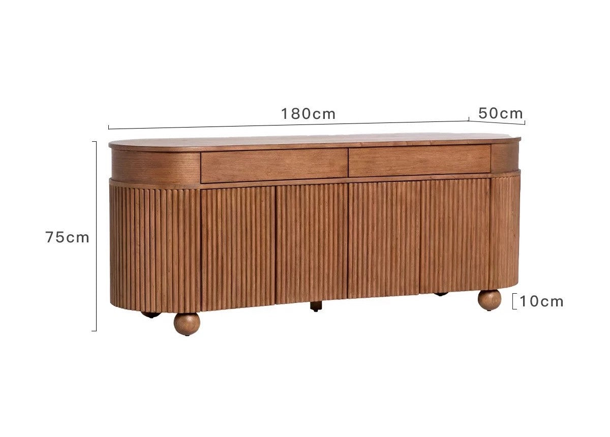 French Mid-Century Curved Fluted Solid Wood Sideboard – Premium Storage Cabinet with Drawers and Doors, Luxury Dining Room Buffet Console with Spherical Legs