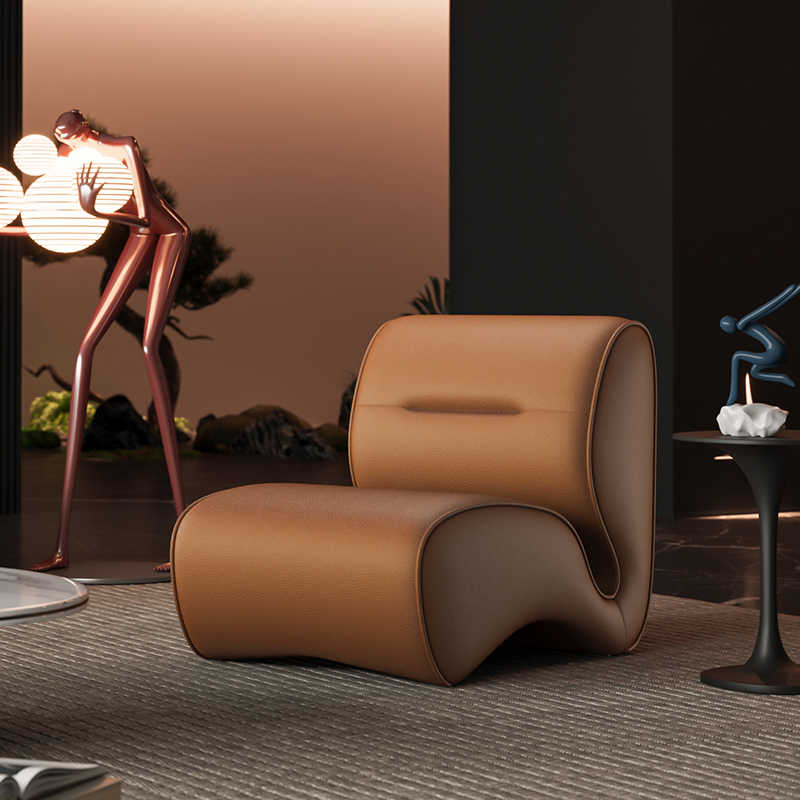 Luxury Sculptural Leather Accent Chair – Modern Curved Single Seat Armchair for Living Room, Designer Tan Brown Upholstered Lounge Chair