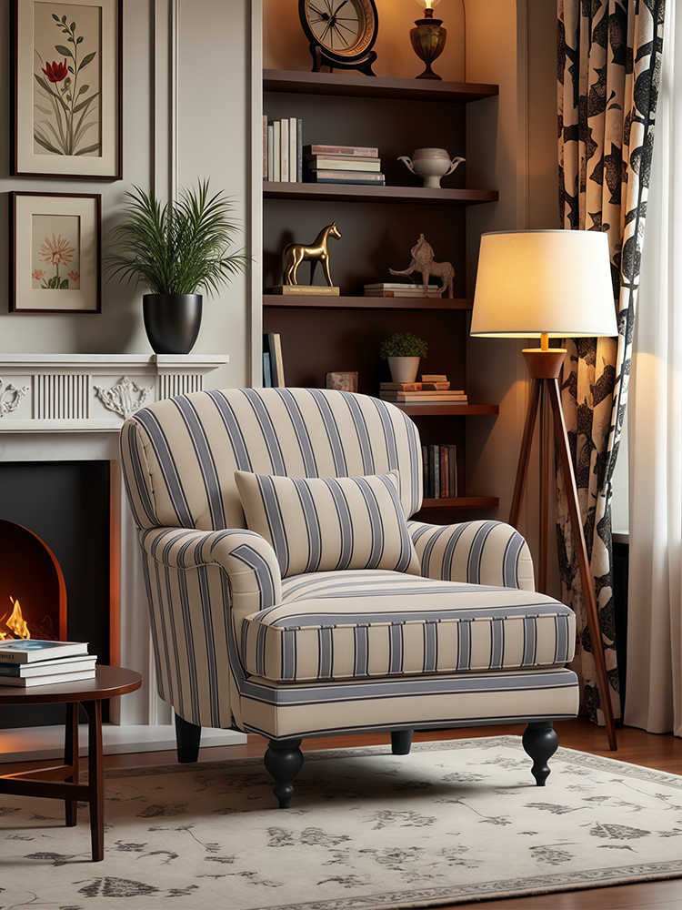Vintage Blue-White Striped Armchair – Retro Single Sofa for Living Room, Study, Balcony, Bedroom, and Homestay