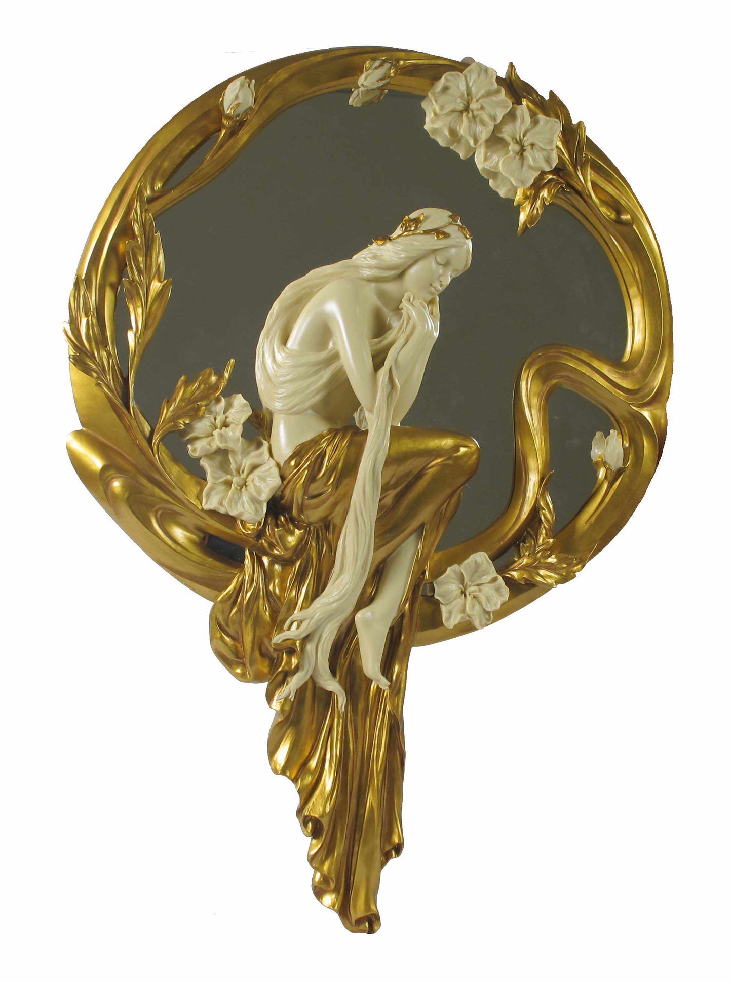 Art Nouveau Wall Mirror – Luxury Lady Figure Decor, Gold Resin Frame for Living Room, Bedroom, Premium Gift