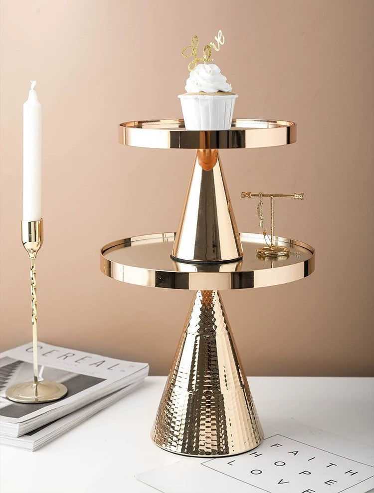Luxury Multifunction Tall Serving Tray Set, Gold-Plated Dessert Stand & Cosmetic Organizer, Mirror-Finish Decorative Display Tray Small + Large