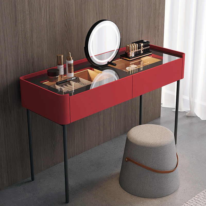 Minimalist Lacquered Vanity Table, Extra-Wide Bedroom Dressing Desk with Jewelry Lock Drawer – Red Finish