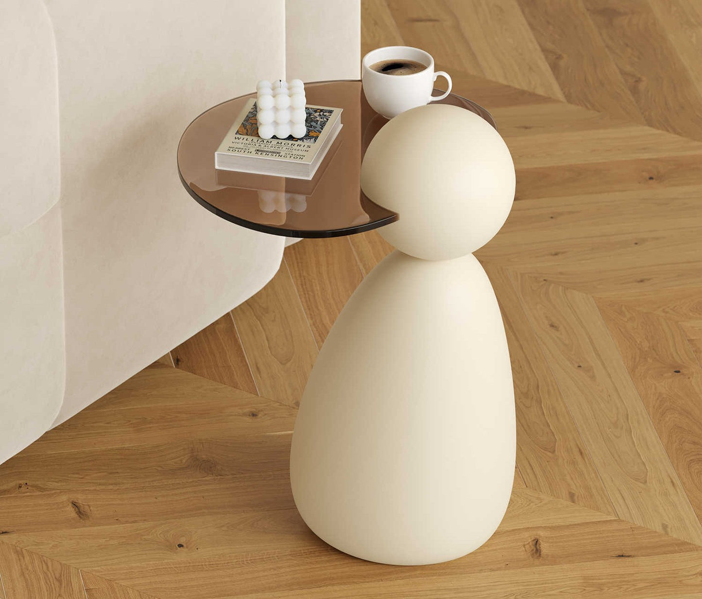 French Cream Style Glass Sculptural Side Table, Modern Minimalist End Table for Small Spaces & Bedside Use