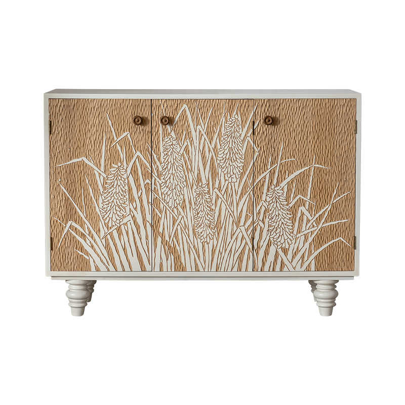 Wabi-Sabi Vintage Carved Wheat Field Console Cabinet, French Style Entryway Sideboard with Hand-Carved Botanical Panels, Small Space Storage Buffet,