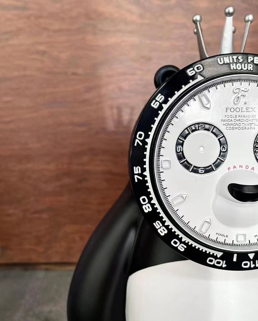 Panda Clock Sculpture – Designer Cartoon Desk Clock, Limited Edition Black & White Cute Art Toy