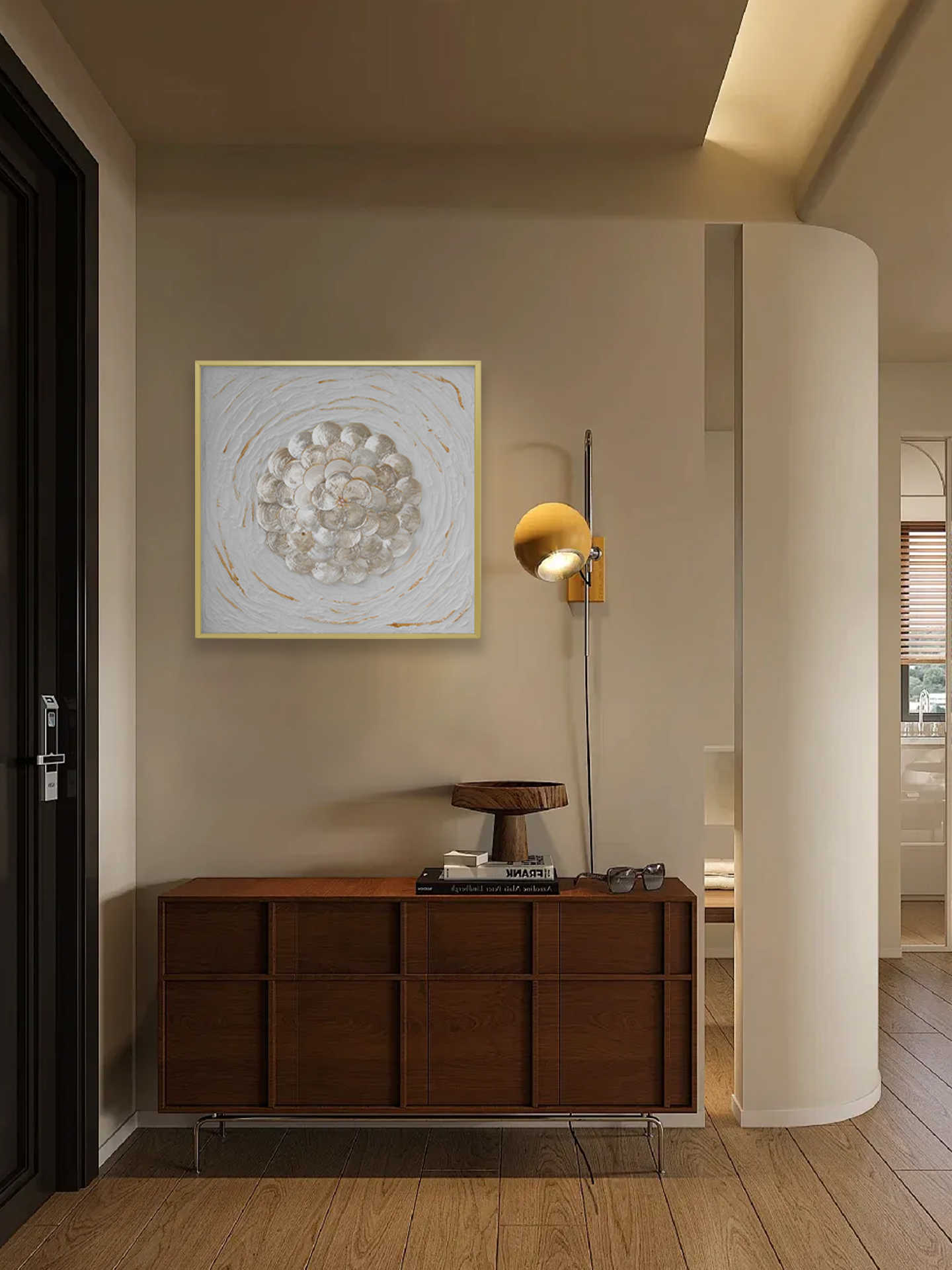 Luxury 3D Wall Art, Square Gold-Frame Decorative Painting for Living Room, Entryway & Bedroom – Modern Pearl Flower Artwork