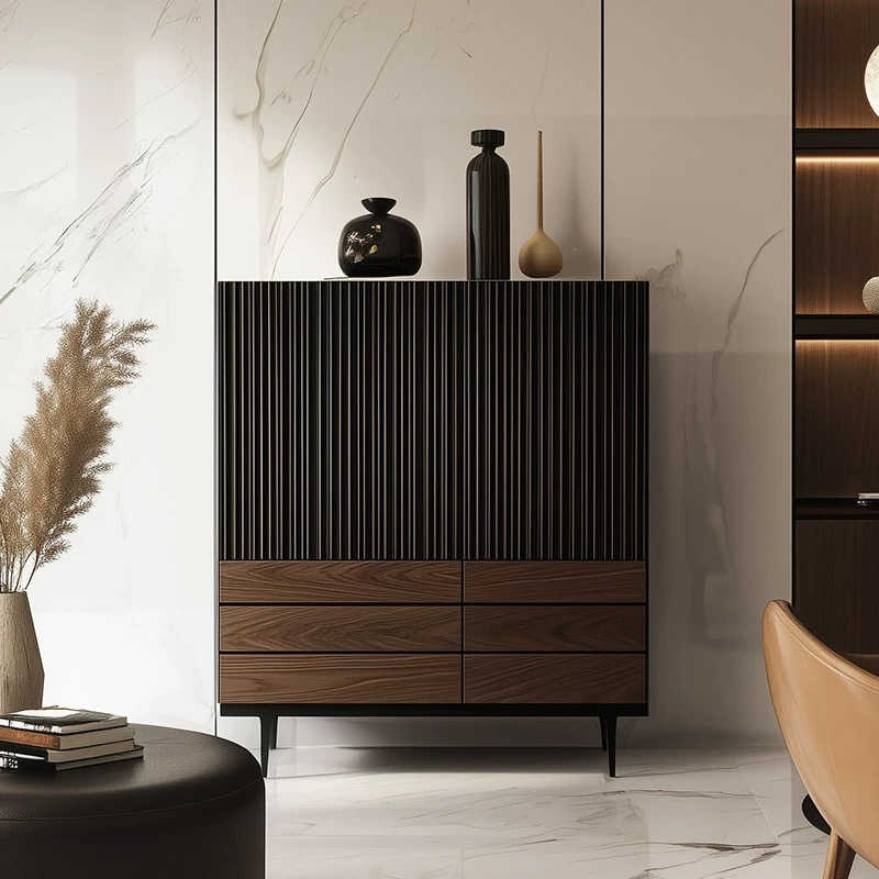 Nordic Walnut Wood Tall Storage Cabinet – Modern Fluted Black and Wood Accent Dresser, Contemporary Living Room Sideboard, Minimalist Bedroom Entryway Console