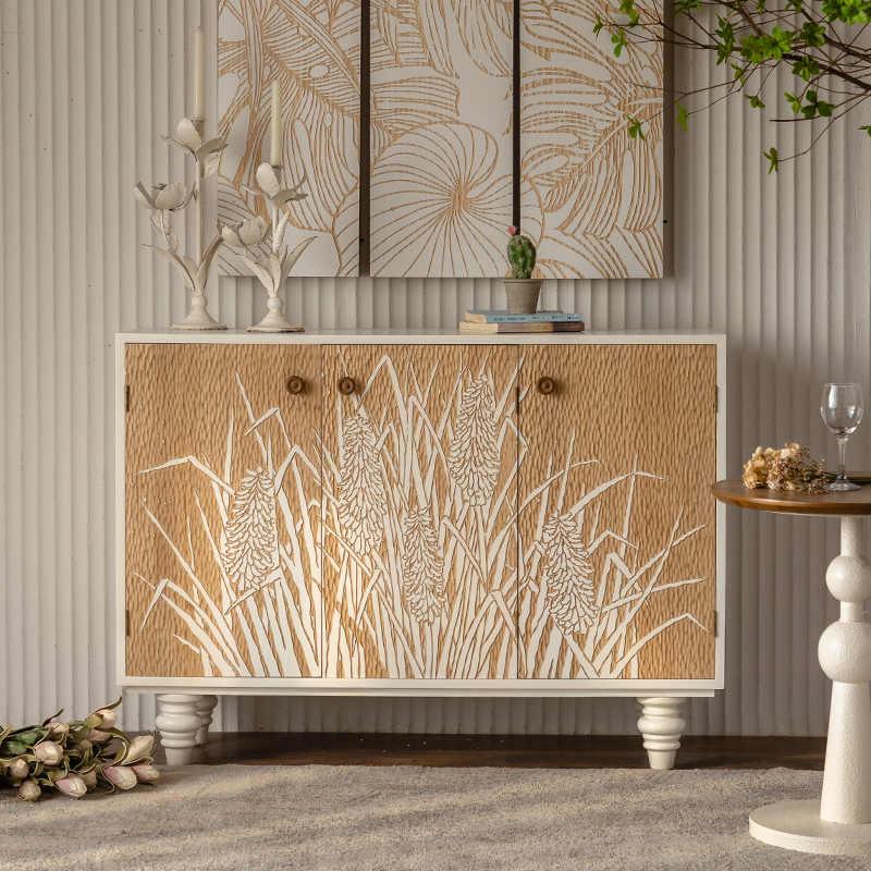 Wabi-Sabi Vintage Carved Wheat Field Console Cabinet, French Style Entryway Sideboard with Hand-Carved Botanical Panels, Small Space Storage Buffet,