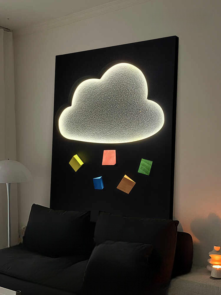 New Minimalist LED 3D Wall Art – “Rainbow Cloud” Black & White Sofa Backdrop, Sandstone Relief Lighted Mural