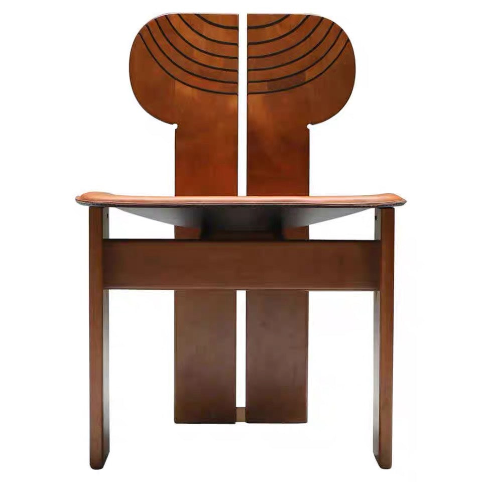 African-Inspired Solid Wood Dining Chair – Sculptural Backrest Design with Leather Seat, Contemporary Luxury Chair for Dining Room, Restaurant, Modern Home