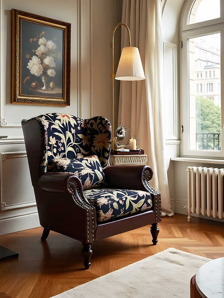 Vintage Wingback Armchair – Retro High-Back Floral Leather Fabric Accent Chair for Living Room & Bedroom