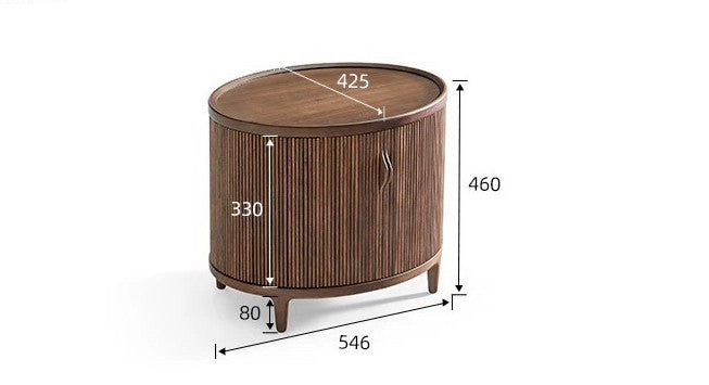 Mid-Century Modern Walnut Oval Console Cabinet – Fluted Solid Wood Bedside Table, Contemporary Storage Nightstand for Bedroom and Living Room