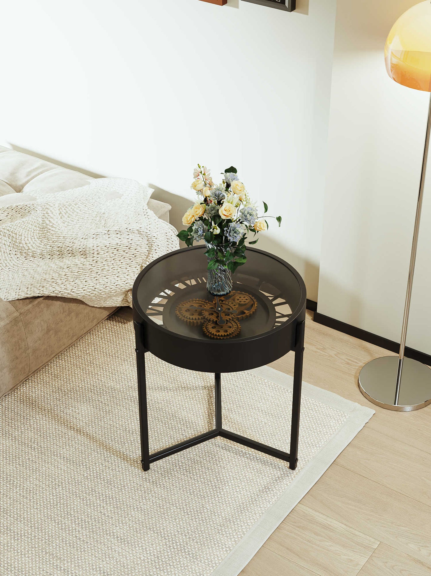 Vintage Gear Clock Side Table, Nordic Luxury Industrial Style Round Glass Coffee Table for Small Spaces, Black