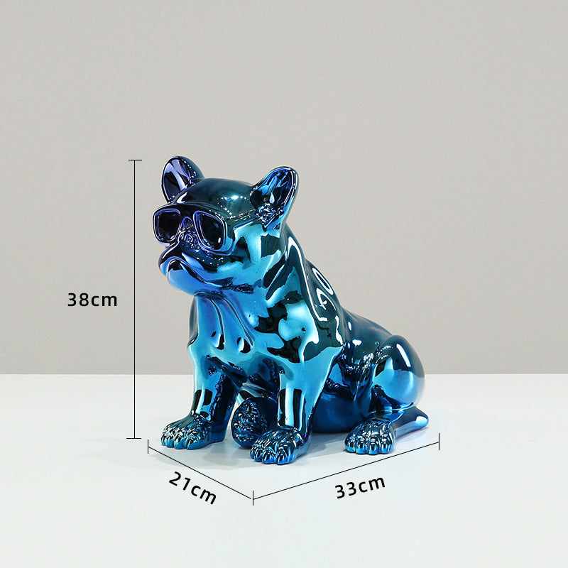 Electroplated Bulldog Sculpture Set (Blue & Red), Modern Minimalist Chrome Resin Art for Living Room & TV Stand, Influencer Decor