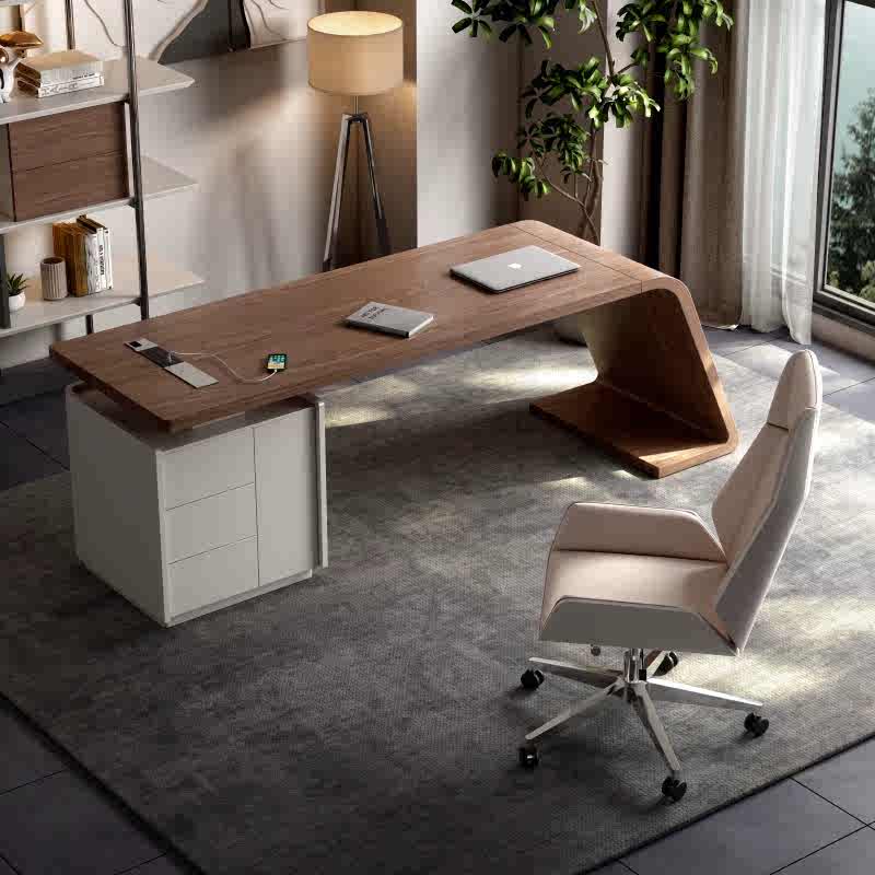 Modern Italian Black Walnut Executive Desk – Luxury Curved Multifunction Office Table