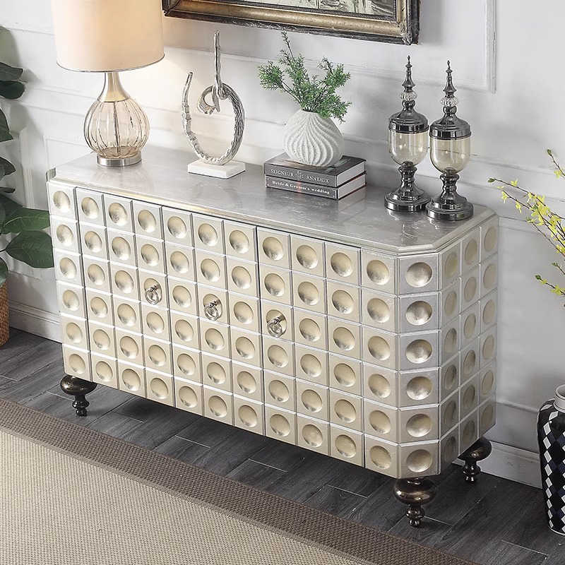 Modern Luxury Silver Leaf Entryway Cabinet, Artistic Foil Finish 3-Door Sideboard for Living Room, Foyer & Dining