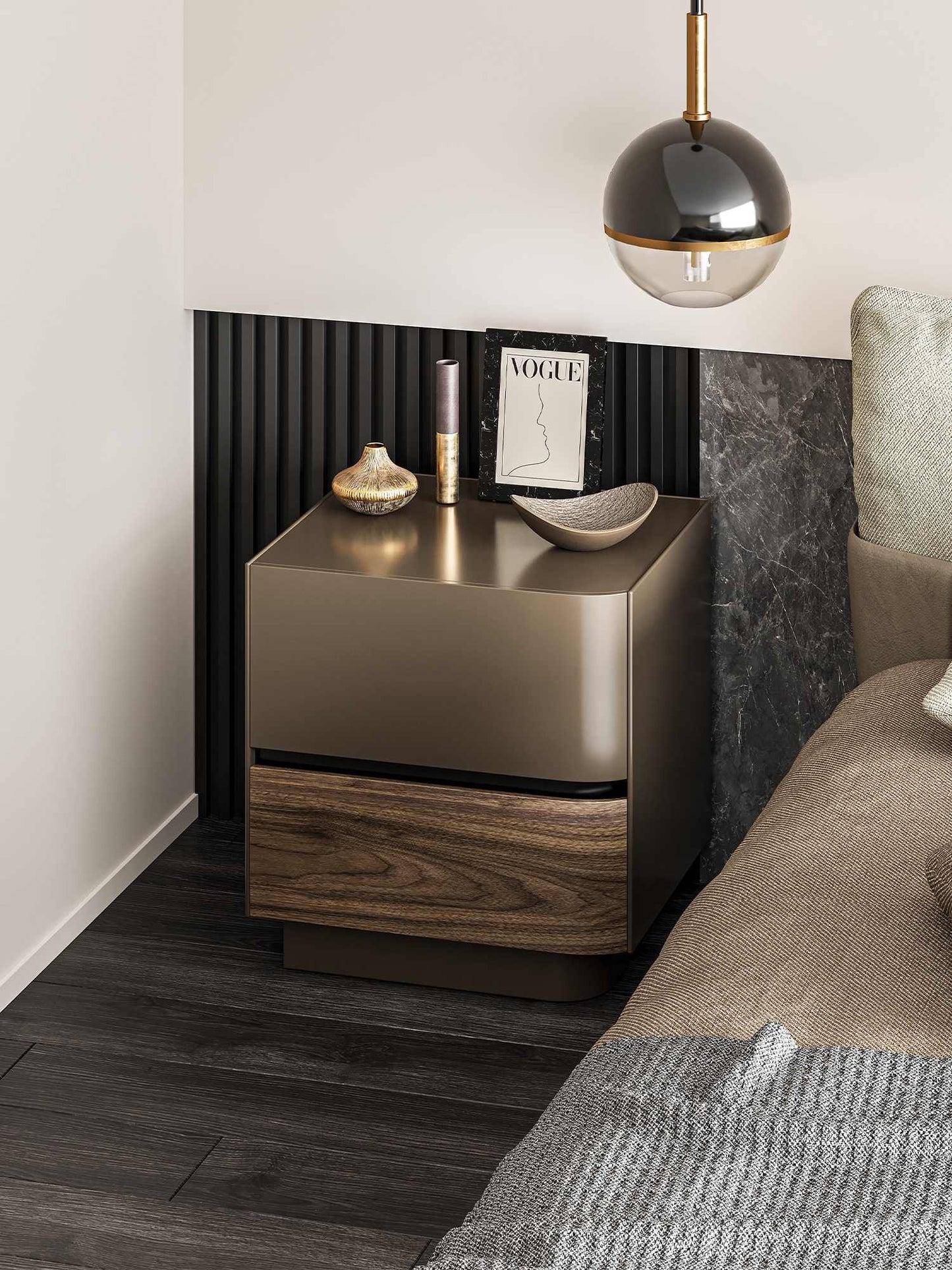 Kawadano Italian Modern Walnut Veneer Nightstand, Luxury Lacquered Bedside Table with Storage