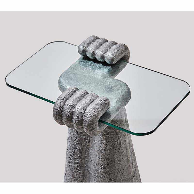 Ukrainian Fiberglass Hand Sculpture Side Table with Tempered Glass Top, Creative Palm Gesture Accent Table for Living Room