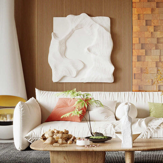 Minimalist 3D Relief Sandstone Wall Art, Luxury Hand-Painted Cream Texture Living Room Sculpture for Modern Entryway Decor