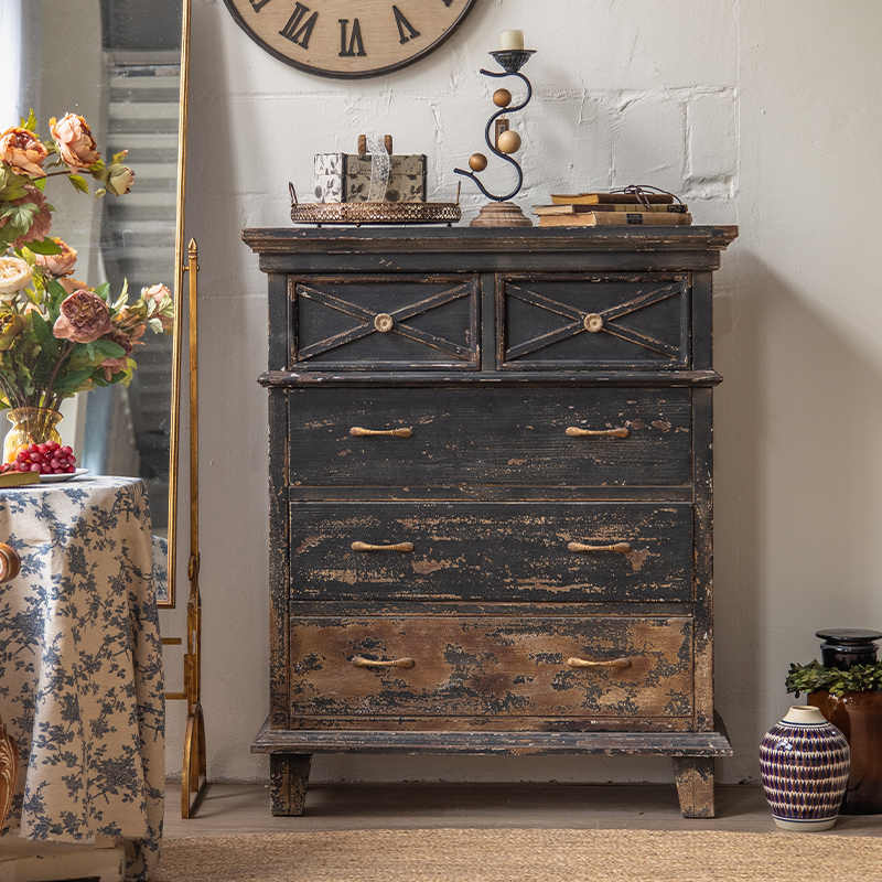American Country Vintage Black Distressed Chest, Wabi-Sabi Style Entryway Cabinet, Rustic Tall Dresser for Home, Café, B&B, Balcony Display