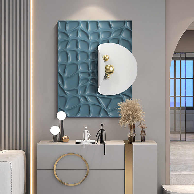 Luxury Modern Abstract Blue 3D Stone Pattern Wall Art, Handcrafted Sandstone Relief Panel with Gold Spheres for Living Room, Entryway, or Dining Room