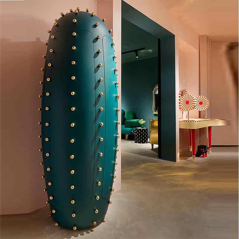 Designer Cactus Bar Cabinet – Luxury Emerald Green Wine Storage with Gold Studs, Unique Sculptural Furniture for Modern Interiors