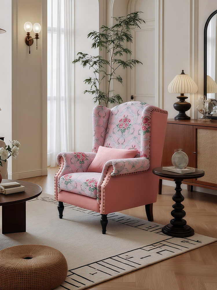 Vintage Pink Rose Manor Chair – Retro High-Back Sofa with Ottoman, Living Room/Bedroom/Designer Balcony