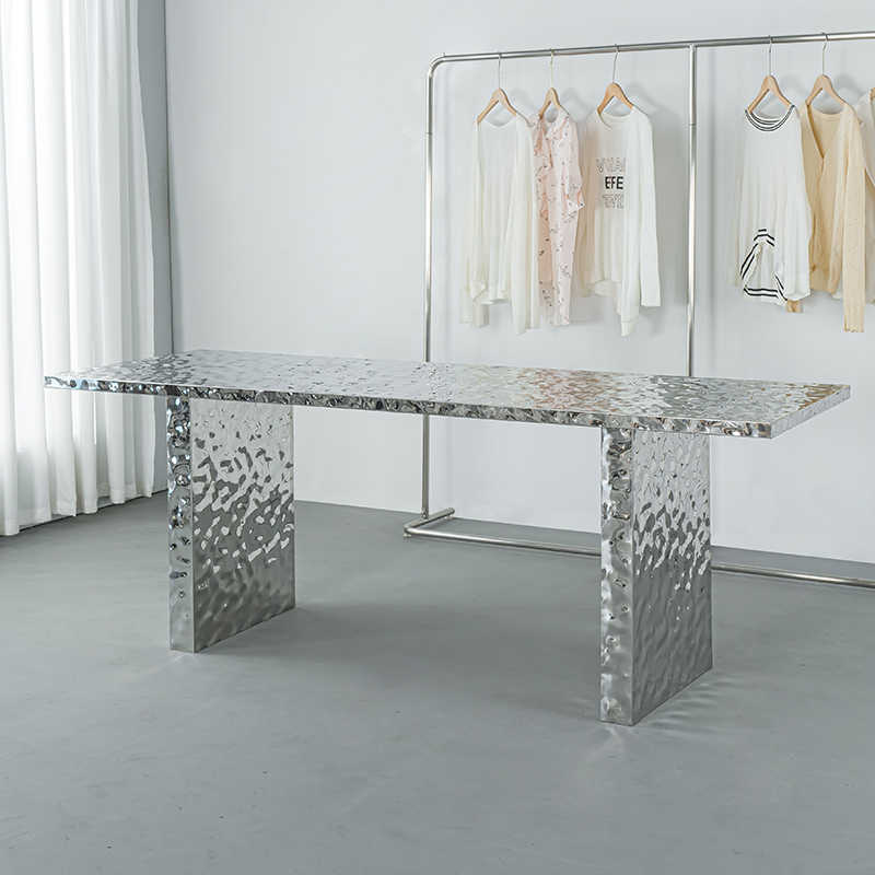 Modern Stainless Steel Ripple Finish Display Table – Water Wave Mirrored Center Island Stand for Boutique Clothing & Handbag Retail
