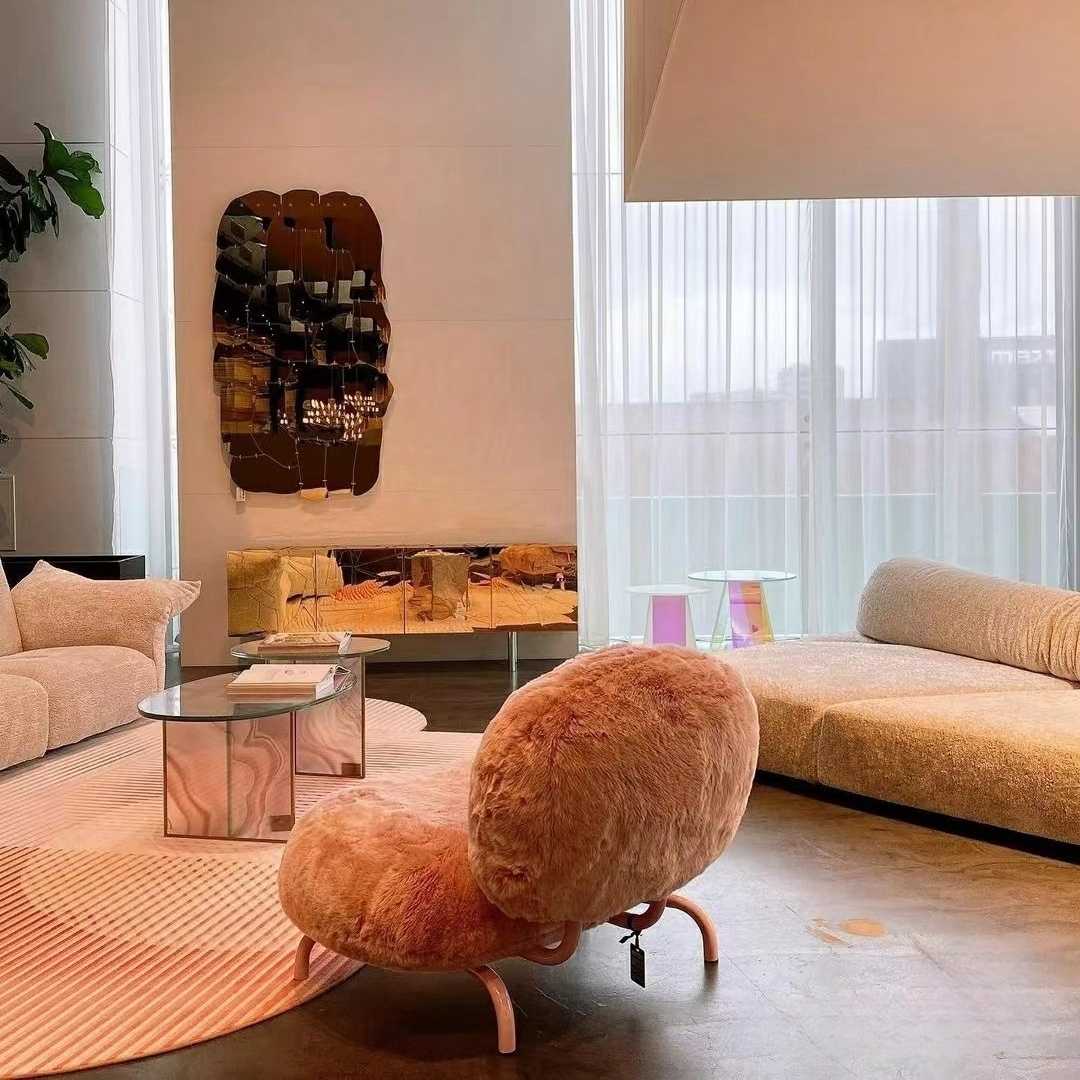 French Luxury Faux Rabbit Fur Lounge Chair, Designer Pink Cipria Pouf Sofa, Modern Glam Single Accent Armchair