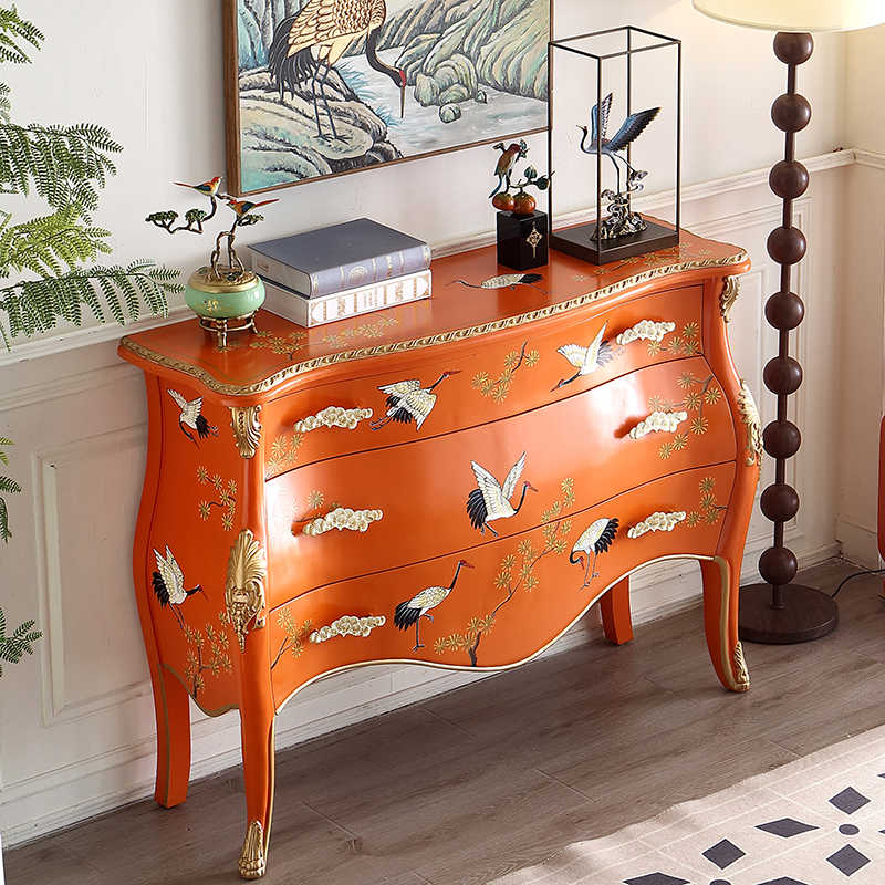 French Chinoiserie Orange Lacquered Console with Hand-Painted Flying Cranes, Traditional Bombé Entry Cabinet