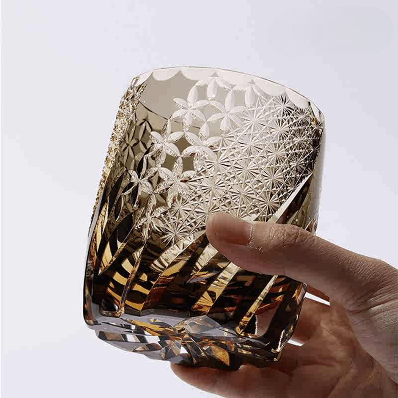 Hand-Carved Whiskey Glass 330ml – Luxury Amber Crystal, Wind, Flower, Snow, Moon Motif, Premium Gift Box
