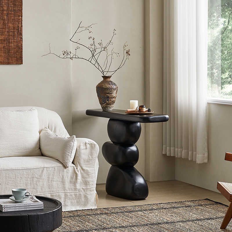 Wabi-Sabi Carbonized Black Solid Wood Entryway Console Table, Artistic Stacked Stone Sculptural Accent Table for Hallway, Foyer, Modern Boutique Hotel