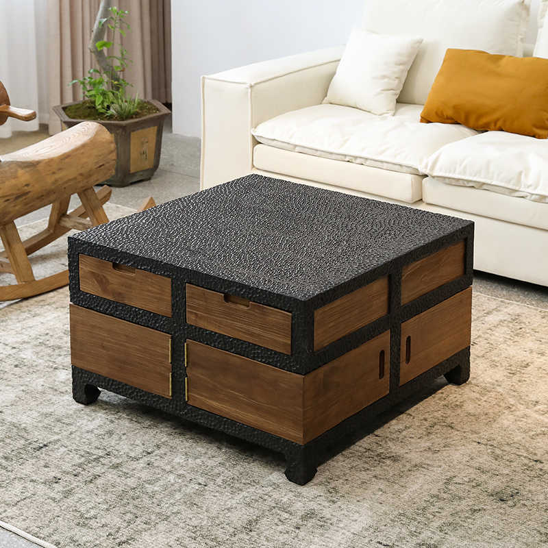 Contemporary Japanese Wabi-Sabi Square Coffee Table – Weathered Solid Wood with Textured Frame and Storage Drawers, Rustic Designer Furniture