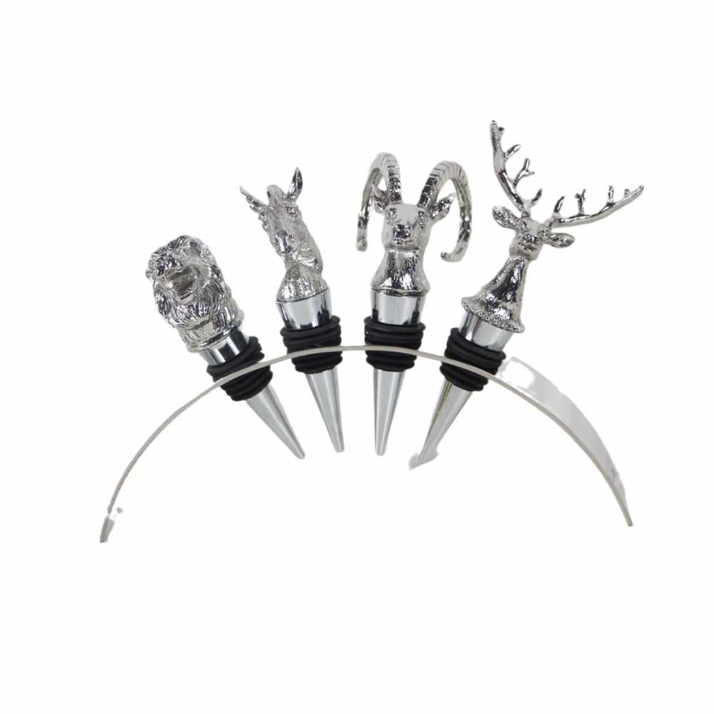 Luxury Animal-Themed Wine Stopper Collection with Display Stand – Chrome Figurine Bar Accessories for Hotel & Home Entertainment