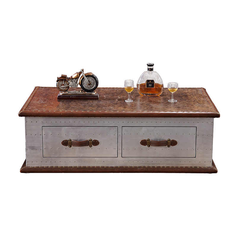 Vintage Industrial Aviation Coffee Table – Metal & Leather Trunk-Style Storage Coffee Table with Rivet Details, Designer Furniture for Modern Living Spaces