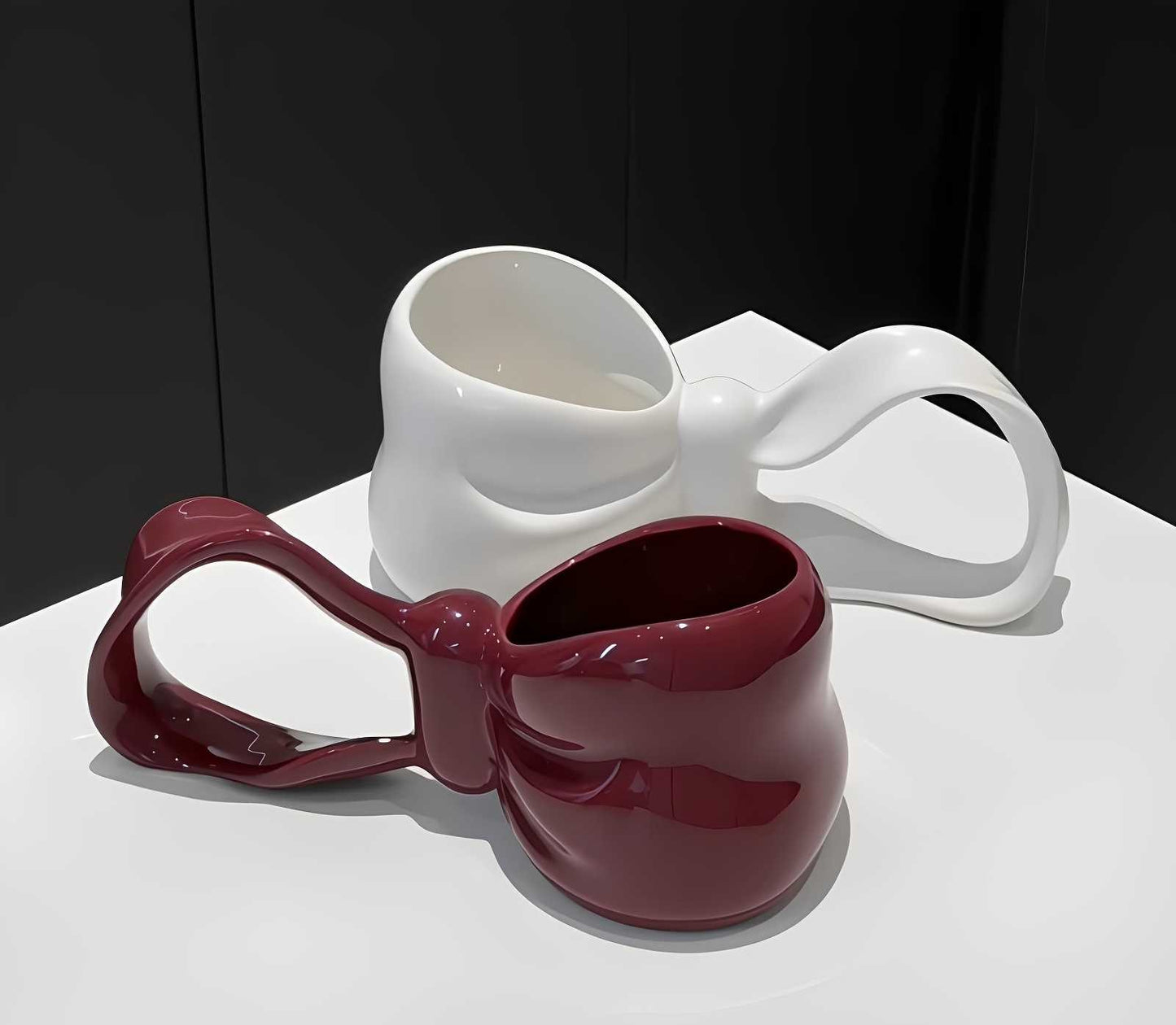 Designer Bow Handle Ceramic Coffee Mug Combo – Artistic Sculptural Handle Large Capacity Premium Tea Cup, Unique Butterfly Shape Design