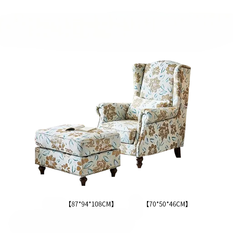 Vintage Floral High-Back Chair Set – Lounge Armchair and Ottoman, Balcony/Bedroom/Reading