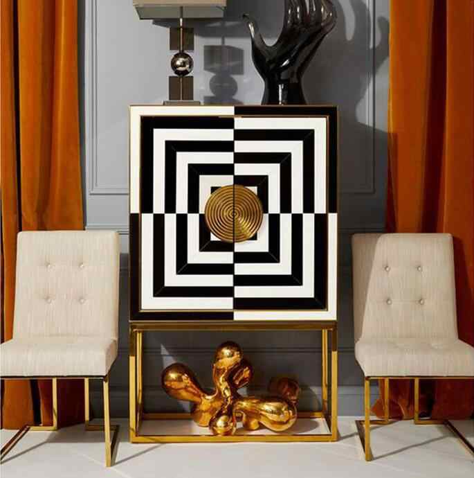 Luxury Postmodern Sideboard Cabinet – Geometric Black & White Op Art Design with Gold Frame for Living Room & Entryway