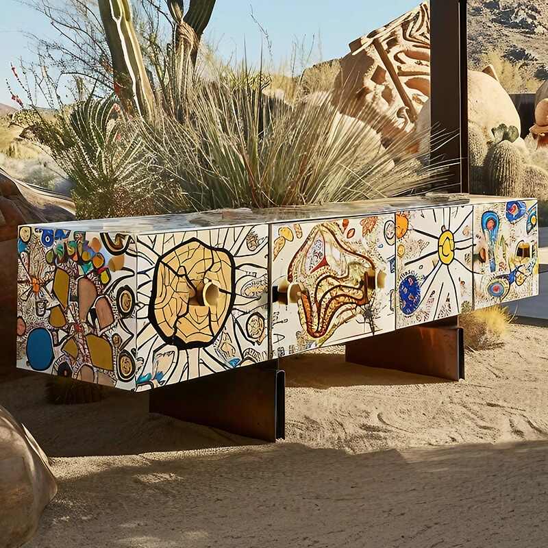 Designer Collab Pop Art Painted TV Stand, Artistic Storage Sideboard for Living Room, Bold Original Multi-Color Media Cabinet