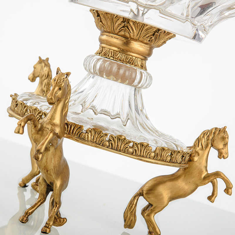 Crystal Glass Fruit Bowl with Brass Horse Pedestal – Luxury Centerpiece for Living Room, Dining Table, and Event Décor