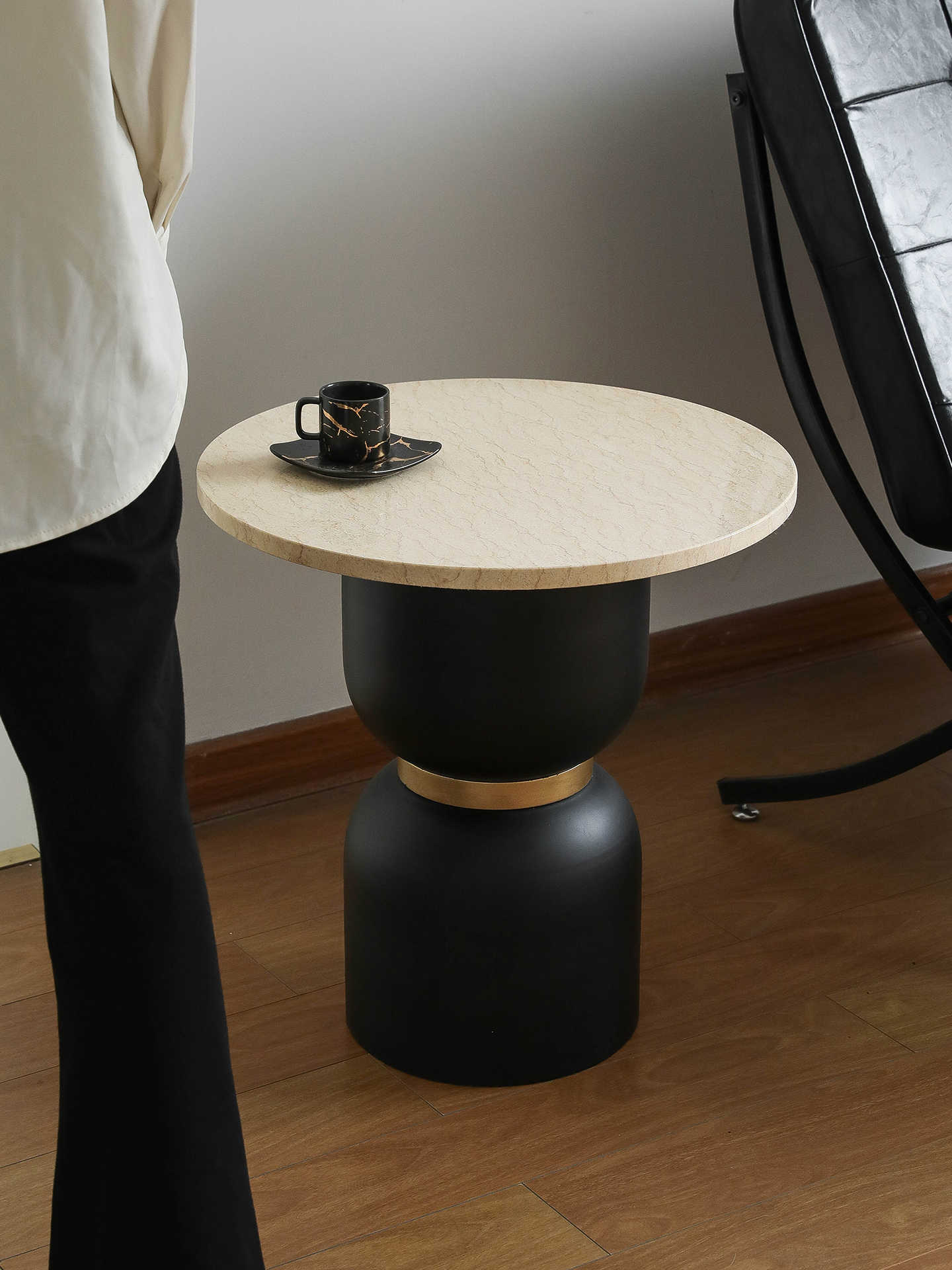 Modern Marble Side Table, Round Beige Stone & Black Gold Metal Accent Table for Living Room, Sofa & Bedroom
