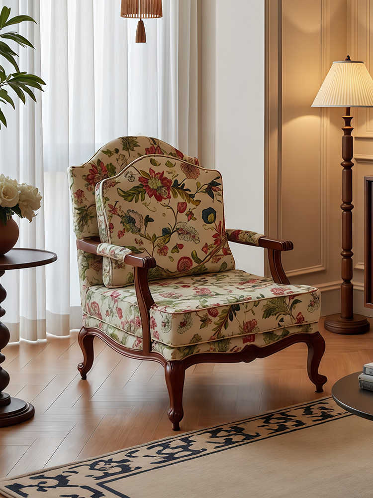 Vintage Floral Tiger Chair Set – Solid Wood Armchair and Ottoman, Retro Lounge for Living Room, Balcony